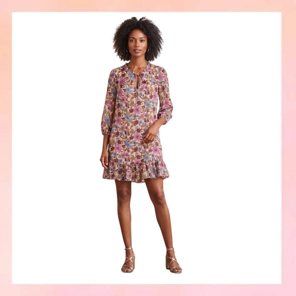 Vineyard Vines Pink Blue Floral Tie Neck Ruffle Hem Long Sleeve Shift Dress XS